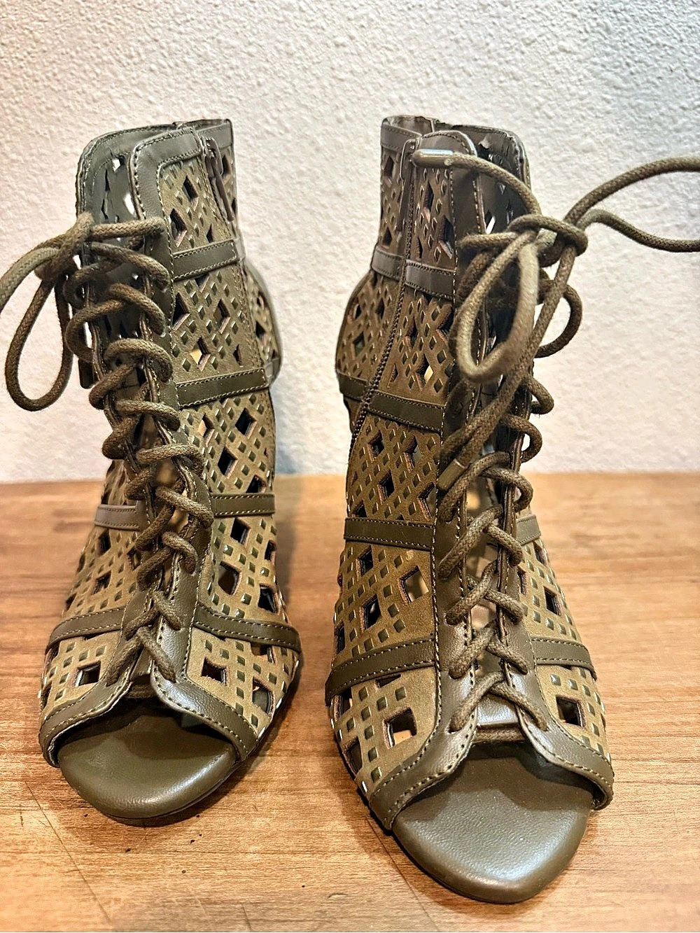 Gianni Bini 6.5 Olive Green Laser Cut Lace Up Peep Toe Stiletto Booties